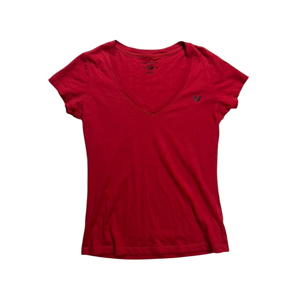 True Religion T-Shirt Womens Medium Red V-Neck Back Graphic Logo Tee 4832
